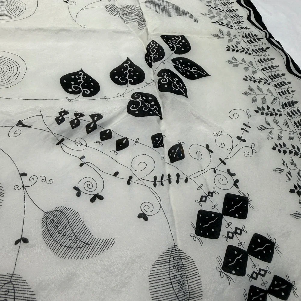 Womens Vintage Square Scarf Gray White Black Botanical Fern Leaf Hand Rolled